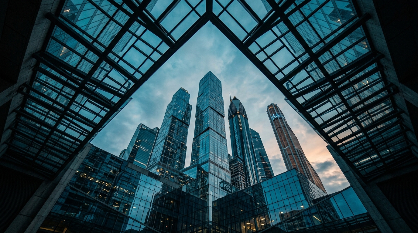 Low angle upward perspective through a glass and steel structural frame looking at futuristic glass skyscrapers against a dusk sky