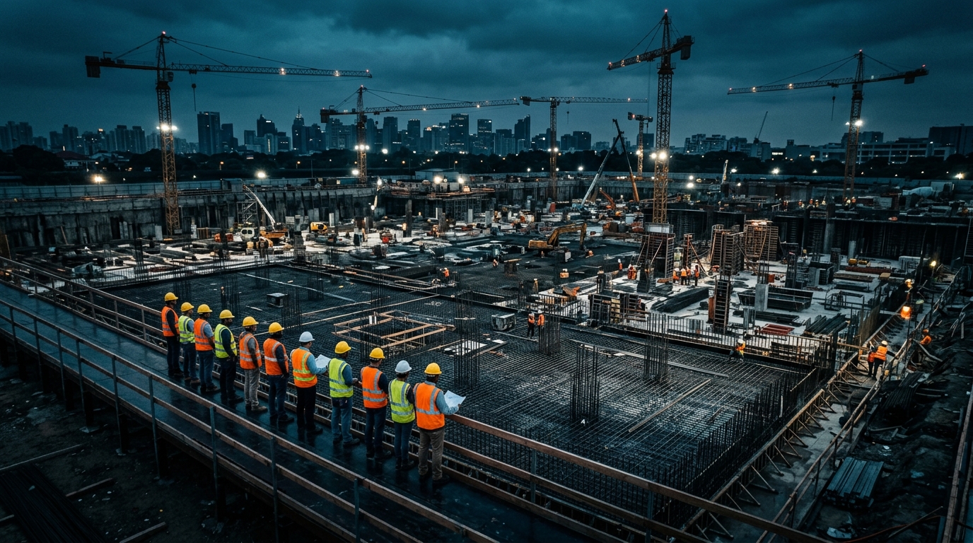 Aerial wide shot of a massive civil construction site at dusk showing rebar grid foundation work and engineers in safety vests inspecting the site